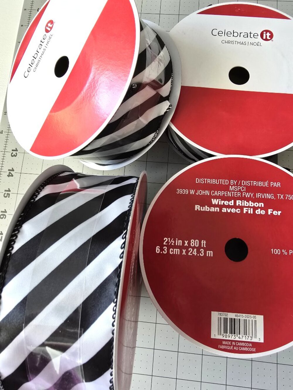NWT 4 JUMBO ROLLS RIBBON BLACK AND WHITE STRIPE - Picture 2 of 6